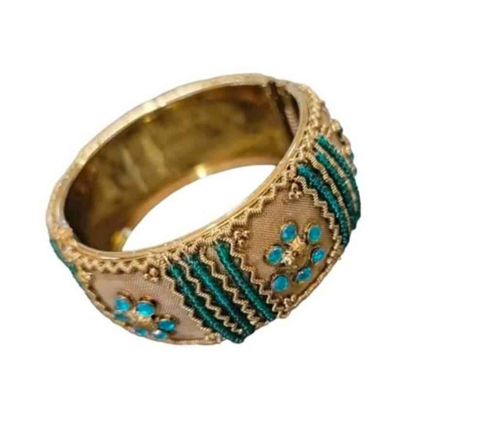 Gold-Toned Embroidered Bangle Bracelet with Turquoise Accents